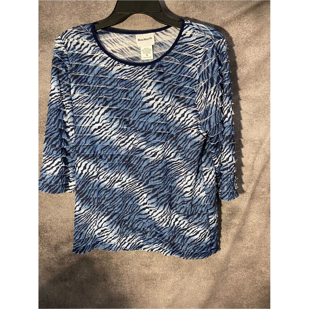 BonWorth Blue and White Zebra-Print Crinkle Knit Long Sleeve Top size S